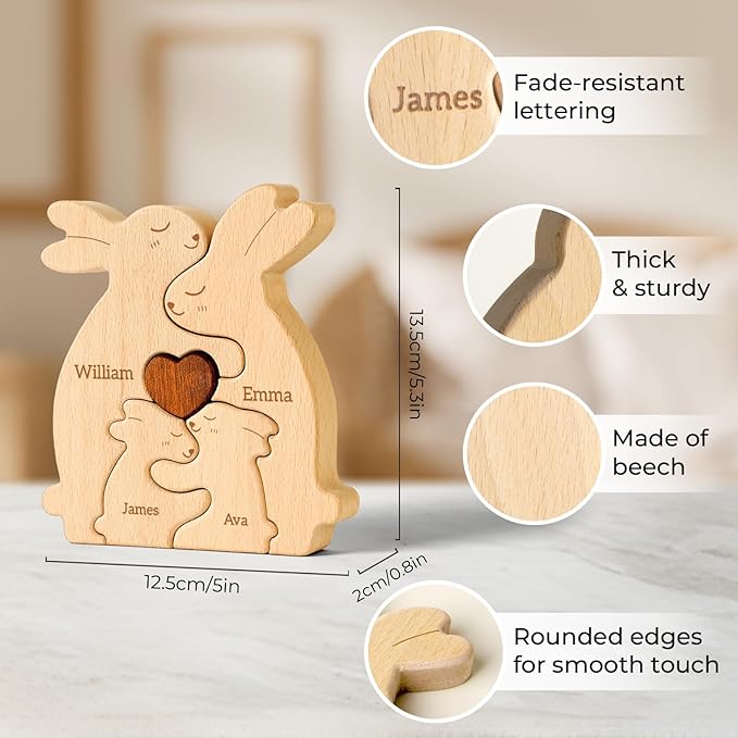Rabbit Family Puzzle, Personalized Wooden Puzzles with 2–5 Names, Easter Gifts for Kids, Unique Easter Anniversary Wedding Gifts for Women Men, Home Decorations for Family Couple