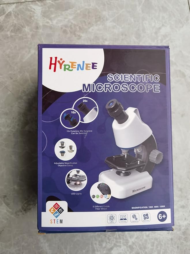 Kids Microscope - Up to 40-1200x Zoom, STEM Kit with LED Light & Prepared Slides