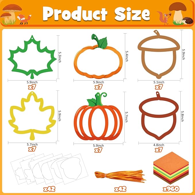 Kepeel 42 Packs Fall Suncatchers Crafts for Kids, Thanksgiving DIY Leaf Pumpkin Acorn Tissue Paper Sign Art Crafts Kit Gift for Autumn Fun Home Classroom Game Activities Party Decor