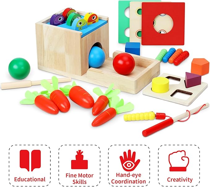 5 in 1Wooden Montessori Toys Toddlers Play Kit,Object Permanence Box,Carrot Harvest,Educational Learning Motor Skill Toys for Kids Ages 3-8