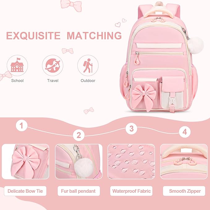 Backpack for Girls, 3PCS Girls Backpack for School with Lunch Bag Pencil Case, Cute Kids Teens Bookbag for Kindergarten Elementary Preschool Middle School (Pink)
