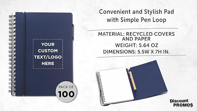 DISCOUNT PROMOS Custom Spiral Notebooks with Elastic Closure Set of 100, Personalized Bulk Pack - Perfect for School, Office, Business and More - Navy Blue