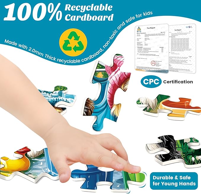 3-Pack 100 Piece Puzzles for Kids,Cute Dogs Cats Tigers Animals Puzzle for Kids Age 4-6 6-8 8-10,Unique Large Piece Jigsaw Puzzle,Recycled Paper,Bright & Colorful Educational Puzzle,Boys Girls Gift