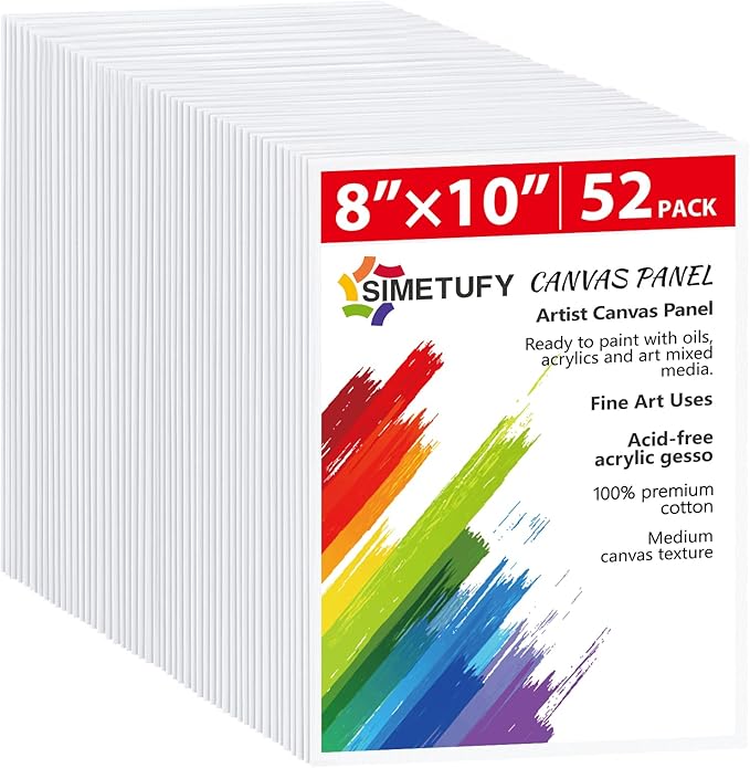 Simetufy Canvas Boards for Painting 52 Pack 8 x 10 Inch Blank Flat Canvas Panels 100% Cotton Pre-Primed for Acrylic & Oil Paint, Art Supplies for Kids & Adults