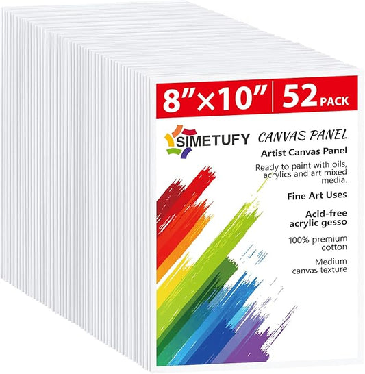 Simetufy Canvas Boards for Painting 52 Pack 8 x 10 Inch Blank Flat Canvas Panels 100% Cotton Pre-Primed for Acrylic & Oil Paint, Art Supplies for Kids & Adults