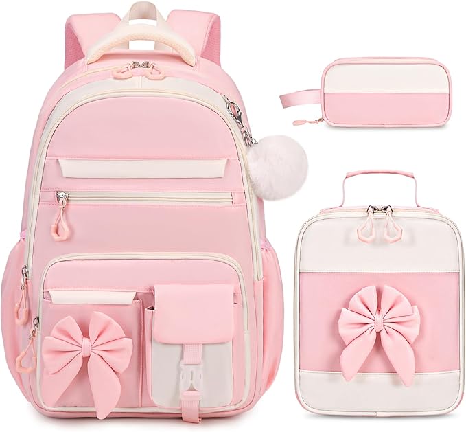 Backpack for Girls, 3PCS Girls Backpack for School with Lunch Bag Pencil Case, Cute Kids Teens Bookbag for Kindergarten Elementary Preschool Middle School (Pink)