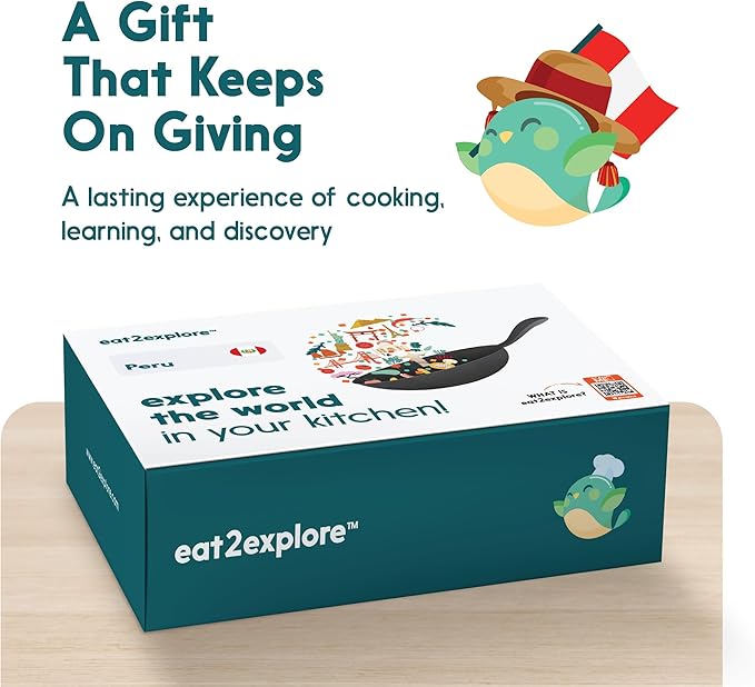 eat2explore Cooking Kits for Kids - Interactive & Educational Set with 3 Recipe Cards, Key Ingredients & Cooking Tools - Ideal Idea for Kids who Love to Create Meals (Peru Edition)