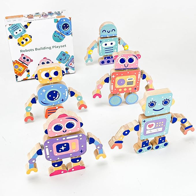 Wooden Robot Building Toys for Kids, Snap-Together STEM Blocks Playset, Take Apart Educational Toy for Toddlers Ages 3-8, Montessori Fine Motor Skills Toy Gift for Boys Girls
