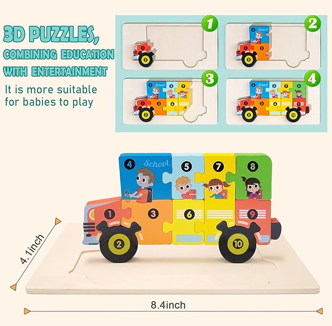 4-Pack Wooden Vehicle Puzzles for Kids Ages 3-5, Ideal Gift for Toddlers