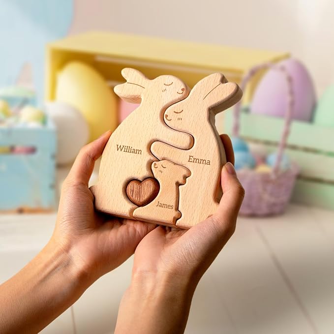 Rabbit Family Puzzle, Personalized Wooden Puzzles with 2–5 Names, Easter Gifts for Kids, Unique Easter Anniversary Wedding Gifts for Women Men, Home Decorations for Family Couple
