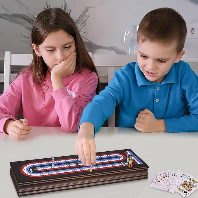 VAMSLOVE 16'' Cribbage Board Game Set Wooden 3-Track Scoreboard with Large Slots for Storing 2 Playing Cards and 9 Metal Pegs, Travel Family Game Night (Instruction Included)