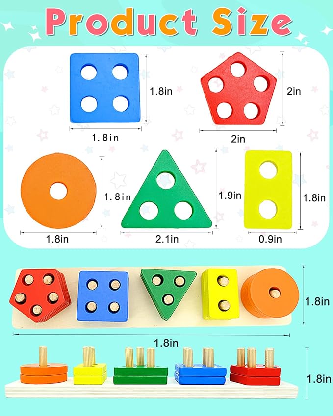 Montessori Toys for 1 2 Year Old Boys Girls, Toddler Toys for Age 1-2,1 2 Year Old Birthday Gifts, Wooden Blocks Sorting & Stacking Education Learning Toddler Puzzles Toy