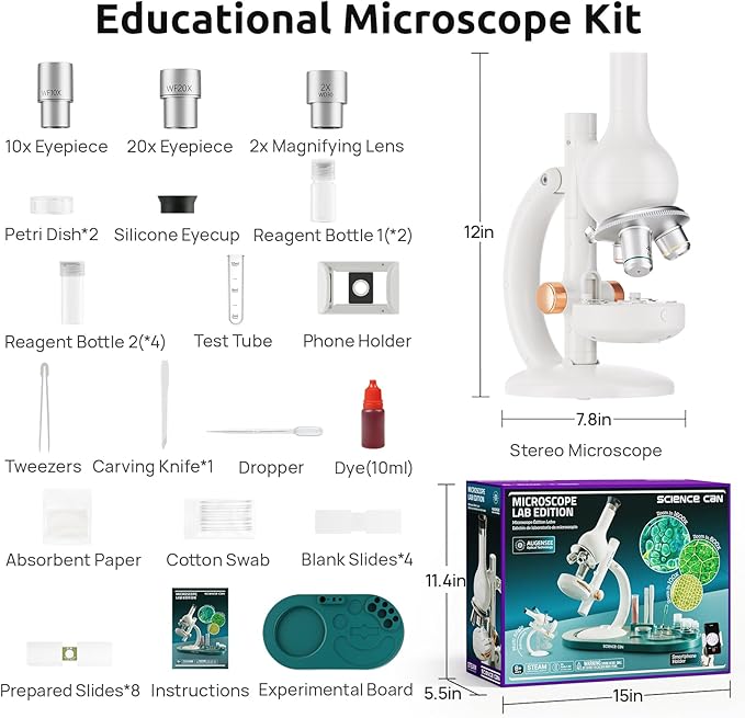 Science Can Microscope for Kids, 1600X Magnification LED Student Microscope with 8 Prepared Slides, Educational Science Lab Toy Great Birthday Gifts, Science Kits for Kids Ages 8-12