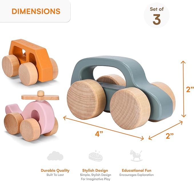 CHILDLIKE BEHAVIOR Wooden Cars for Toddlers 1-3 - Wood Push Truck Vehicle - Montessori Car Toys - Wooden Rattle Teething Toys - Colorful Wood Cars for Kids, Boys, & Girls (Set of 3)