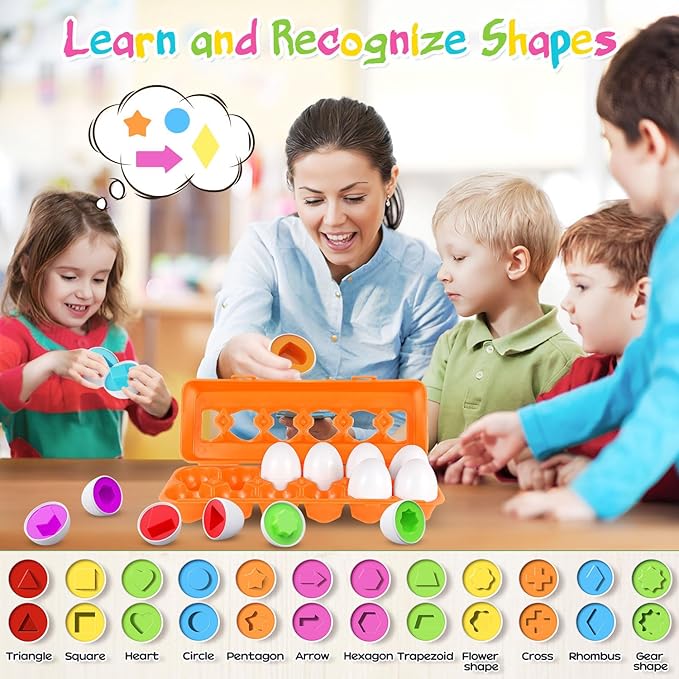 CPSYUB Easter Eggs Learning Toys for Toddlers 1-3 Year Old Girls/Boys, Montessori Egg Matching Toy Educational Color & Shape Recognition Skills Gifts Toys BPA Free (12 Eggs)