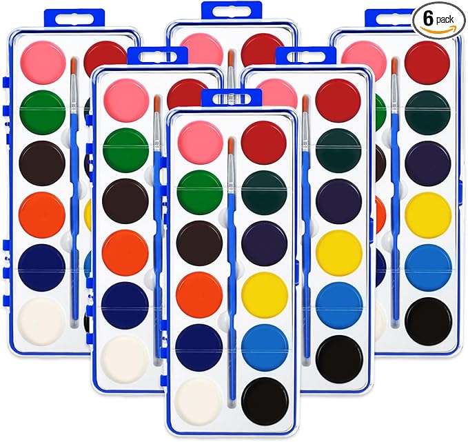 6 Pack Watercolor Paint Set for Kids, 12 Colors Watercolors Paints with Paint Brush, Kids Watercolor Paint Set for Party Favor, Classroom.
