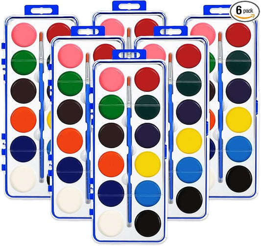 6 Pack Watercolor Paint Set for Kids, 12 Colors Watercolors Paints with Paint Brush, Kids Watercolor Paint Set for Party Favor, Classroom.
