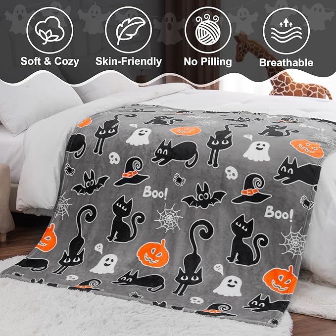 Halloween Glow in The Dark Blanket Gifts Toy for Boys Girls Daughter Son Glowing Black Cat Pumpkin Ghost Bat Witch Hat Spooky Soft Cozy Throw Party Favors Present for Kids Adult Sofa Bed Decor 50"x60"