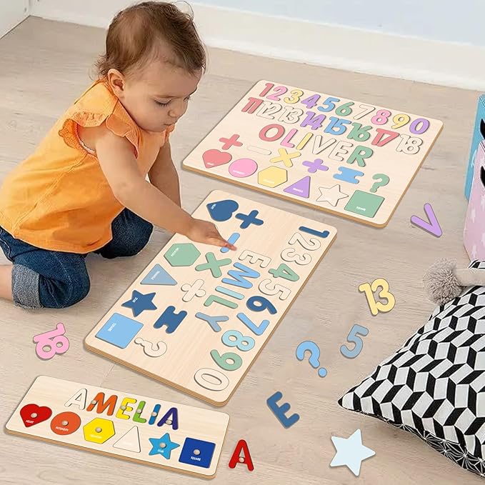 Personalized Name Puzzle for Toddlers 1-3 Wooden Alphabet Shape Number, Montesorri Toys for 1 Year Old 2 3 4 5, Customized Baby Gifts 1st Birthday for Girls & Boys Preschool Educational