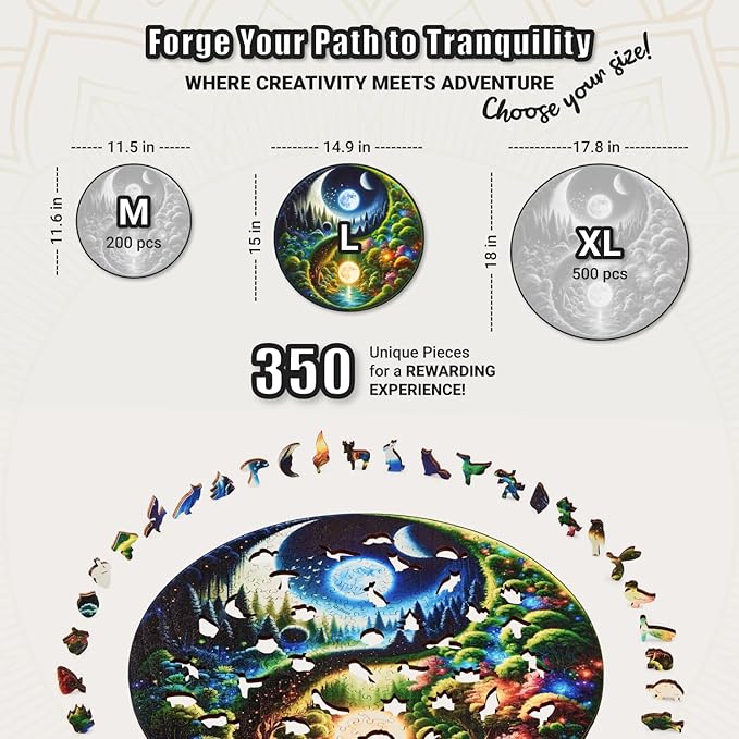 LEOGOR Wooden Jigsaw Puzzles for Adults 350 Pieces (15 × 14.9 in), Yin Yang Puzzle, Extra-Thick 5mm Wood, Round Mosaic Puzzles with Unique Animal Shapes, Challenging, Beautiful Gift for Puzzle Lovers