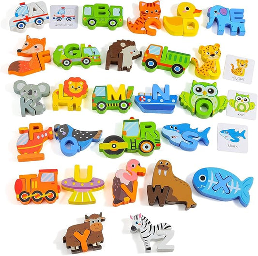 Animal Alphabet Wooden Puzzle - Montessori ABC Learning Toy for Toddlers Ages 3-5, Educational Stacking Blocks with Uppercase Letters - Preschool Learning Activities Toys