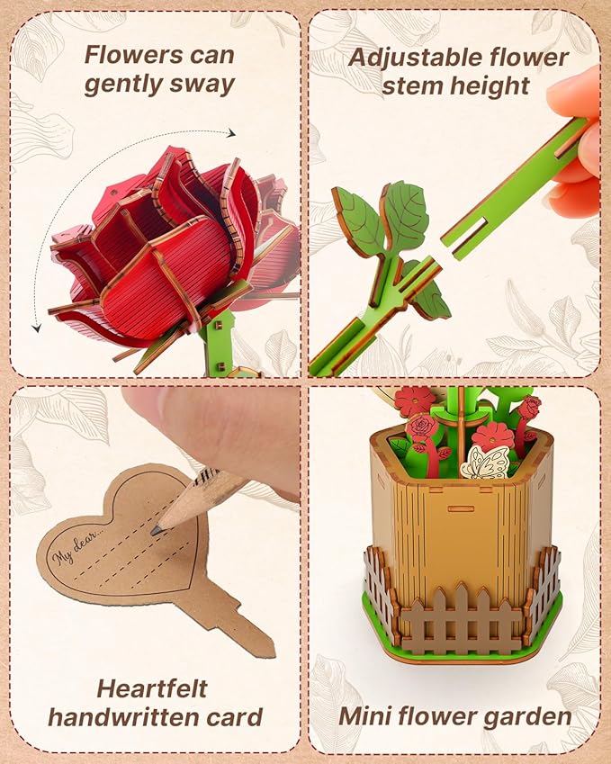3D Red Rose Wooden Puzzles for Adults, DIY Wooden Flower Craft Kit, Artificial Flowers Model Kit to Assemble for Adults.(3.3 * 3.5 * 8.6in 73PCS)