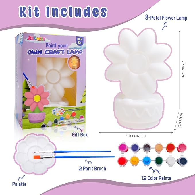 ASIOWELY Paint Your Own 8-Petal Flower Lamp Kits,Arts and Crafts Supplies for Kids Toys Ages 4-6-8,DIY Art Night Light Painting for Girls Ages 5-10,Birthday Gifts for 3-12+ Year Old Toddler Teen Adult