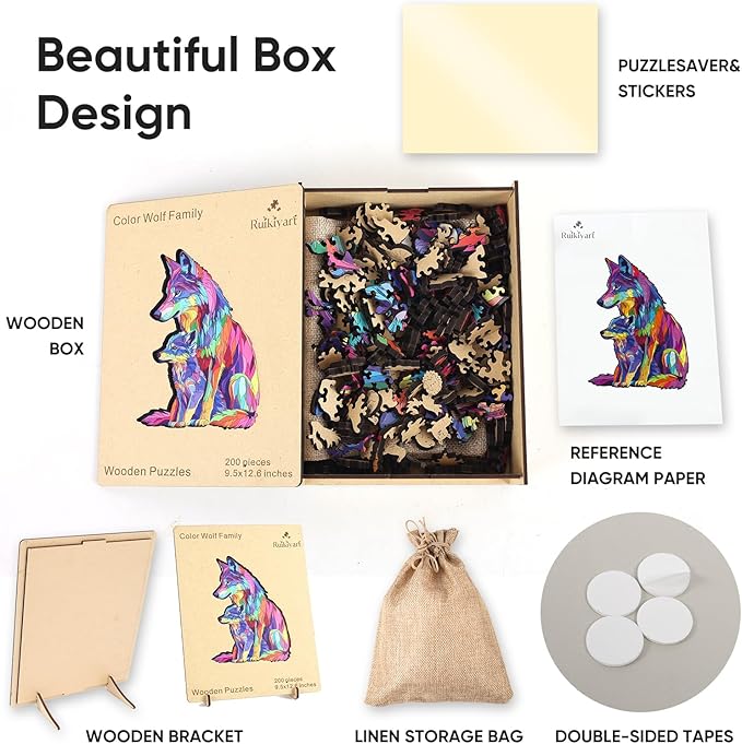 Wooden Puzzles for Adults, 5MM 200 Pieces Color Wolf Family Wooden Jigsaw Puzzles, Animal Puzzle Unique Shaped Gifts for Adults and Kids on Thanksgiving, Christmas Family Puzzle Games (9.5"*12.6")