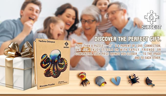 Wooden Jigsaw Puzzle, 200-500 Pieces Unique Shape Animal Puzzle, for Adults & Kids, Birthday Gift Family Game, Decorative Puzzle, Unique Gift (Techno Octopus, 200 PCS)