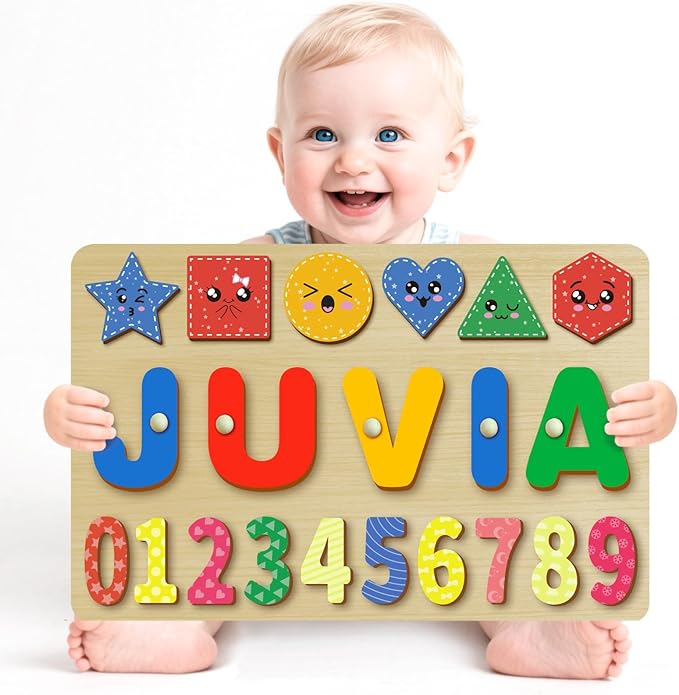 Custom Name Puzzles for Toddlers 1-3 - Name Puzzle for Kids, Personalized Wooden Animal Puzzle, Baby Gifts, Baby Shower, Christmas, Newbaby Gift, Gifts for 1 2 3 Years Old (Animal-Geometry-03)