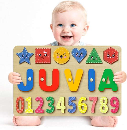 Custom Name Puzzles for Toddlers 1-3 - Name Puzzle for Kids, Personalized Wooden Animal Puzzle, Baby Gifts, Baby Shower, Christmas, Newbaby Gift, Gifts for 1 2 3 Years Old (Animal-Geometry-03)