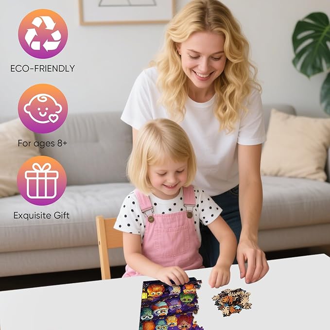 Wooden Puzzles for Adults, Halloween Owl Family Puzzles 500 Pieces, Unique Shaped Jigsaw Puzzles for Adults and Kids, Fun Challenge Family Game 18.9'' x 14.2''