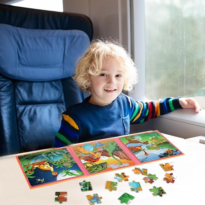 Magnetic Puzzles for Kids Ages 4-6, 20-Piece Travel Toys Dinosaur Toddler Puzzles Ages 2-4, Educational Learning Magnets, Ideal Road Trip Activities Toys for 2 3 4 5 6 Boys and Girls