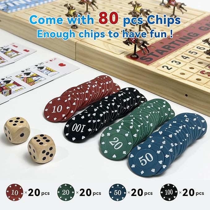 Large 23 inches Horse Racing Board Game with 11 Luxury Metal Numbered Horses, Foldable Wood Horse Race Board Game with 2 Sets of Dice, 2 Boxes of Cards, 80pc Poker Chips for Parties and Gambling