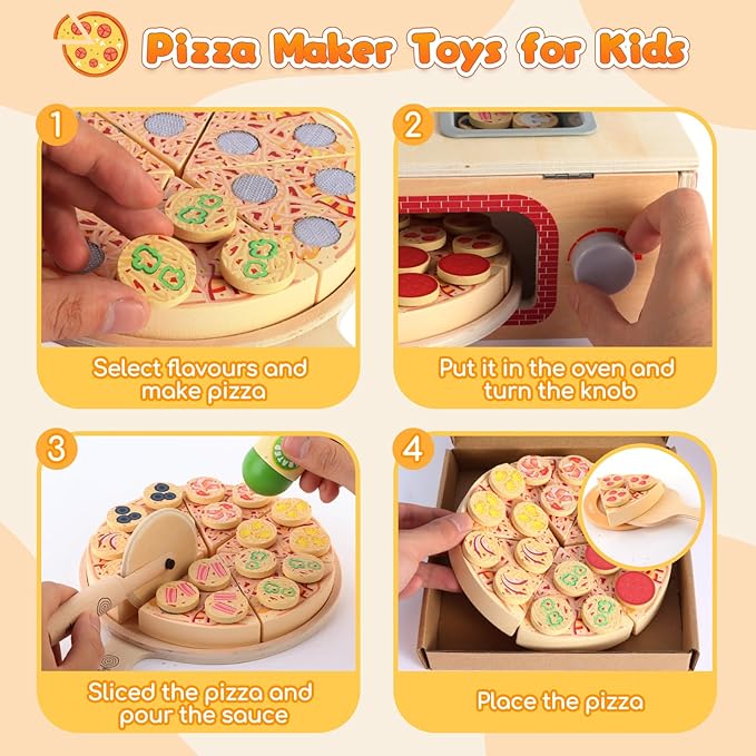 Wooden Pizza Toy Set for Kids, 68PCS Montessori Pretend Play Food Toys, Wooden Pizza Counter Playset with Bake Oven & Toy Dishes, Develop Imagination, Ideal Gift for Boys & Girls Aged 3+