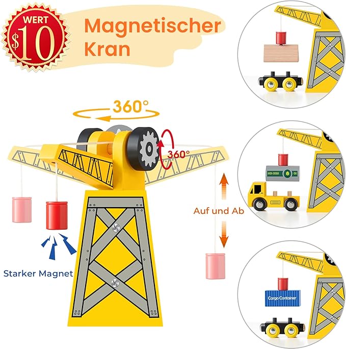 Tiny Land 55PCS Wooden Train Set - Compatible with Major Brand Tracks, Educational Toy for Toddlers & Kids Ages 3-7, Durable Wooden Railway Tracks