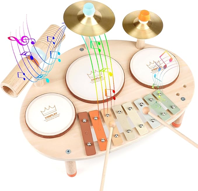 Drum Set for Toddler - Toys for 2 3 4 Year Old Girls Boy Gifts - 9 in 1 Wooden Montessori Musical Instruments with Xylophone for Kids 3-5, Christmas Birthday Gifts for Toddlers 2-4