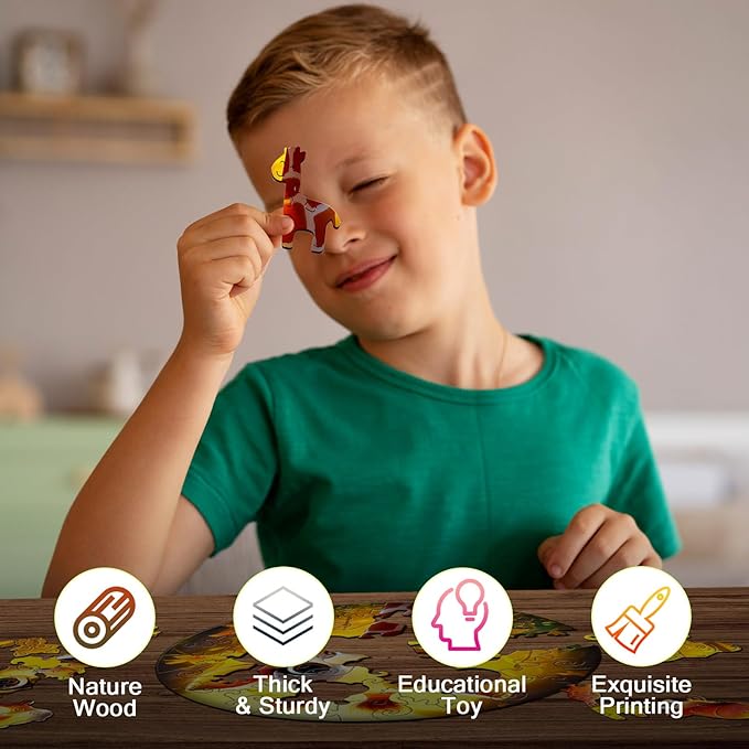 Christmas Birthday Gifts for Kids Girls Boys, Wooden Jigsaw Puzzles for Kids Ages 4-6, 50 Piece Unique Shape Animal Theme Puzzle - Preschool Learning Educational Toys for Kid 3+ (Giraffe)