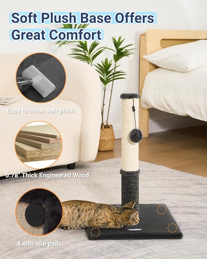 Happi N Pets Cat Scratching Post, Cat Scratcher for Indoor Cats, Sisal Scratching Post & Carpet Post in One, Stable Kitten Scratching Post with Replaceable Toy, Extra Free Toy, Smokey Gray