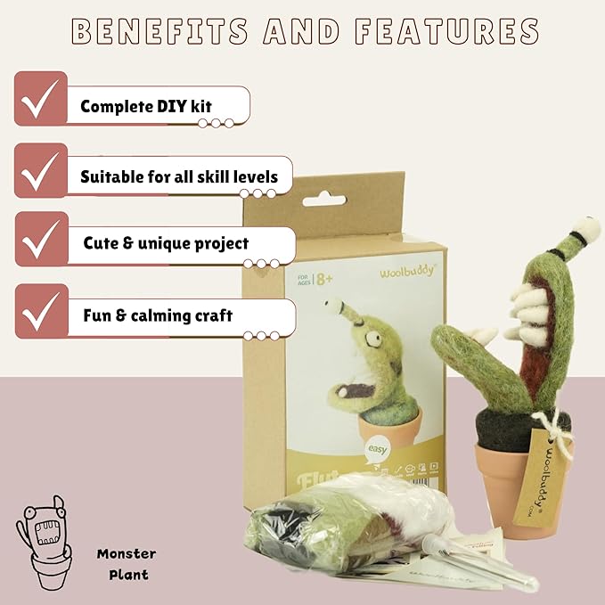 Woolbuddy Needle Felting Kit, Venus Flytrap Monster Felting Kit for Beginner Adults, Felting Supplies and Instructions Included, Unique Design by True Artisan
