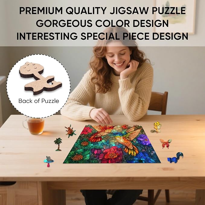 Wooden Puzzles for Adults 500 Pieces, Glass Hummingbird Jigsaw Puzzles, Unique Design Color Challenge Adult Puzzles for Family Brain Game Gift, Home Decor,15.9x15.9 inch