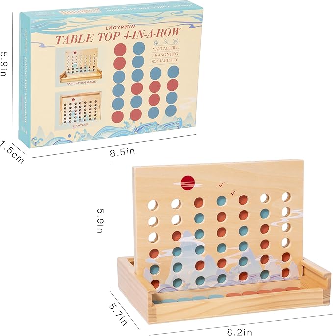 Wooden 4 in a Row Game - Classic Strategy Game for Adults Children-Connecting 4 Same Color Connection Rows- Travel Game Family Checkerboard Game Toys Adult Gift with Unique Printed Patterns.