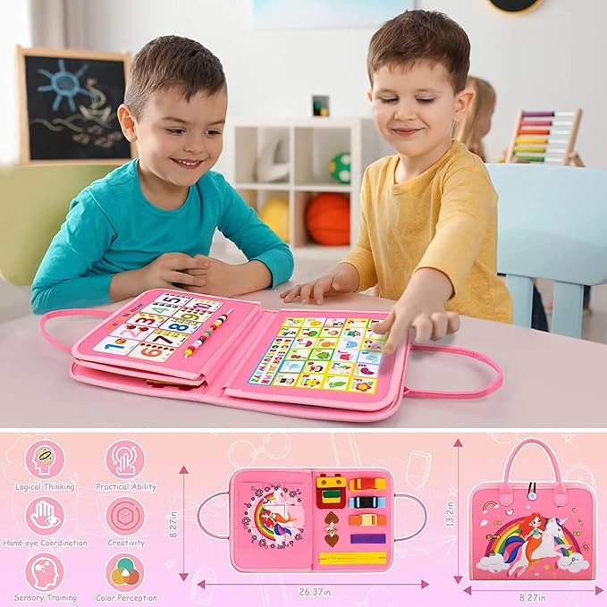 Busy Board for 1 Year Old Sensory Toys for Toddlers 1-3 Montessori Learning Busy Book for Boys Girls Preschool Toys Gift (Pink)