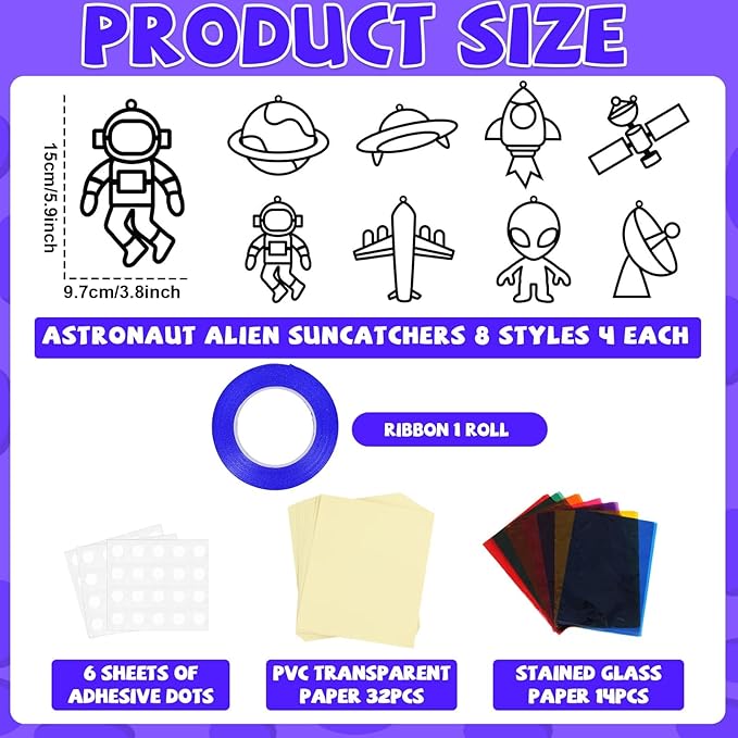32 Sets Outer Space Suncatchers Craft Kit DIY Window Stained Glass Effect Planet Astronaut Alien Paper Crafts Home School Classroom Decoration Kid Birthday Gift Creative Art Project Activity Game