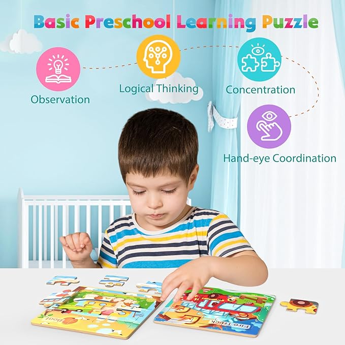 Wooden Puzzles for Toddlers, 8 Pack Vehicle Jigsaw Puzzles for Kids3-5, 9 Pieces Preschool Learning Activities, Learning & Educational Toys, Gift for Boys, Girls