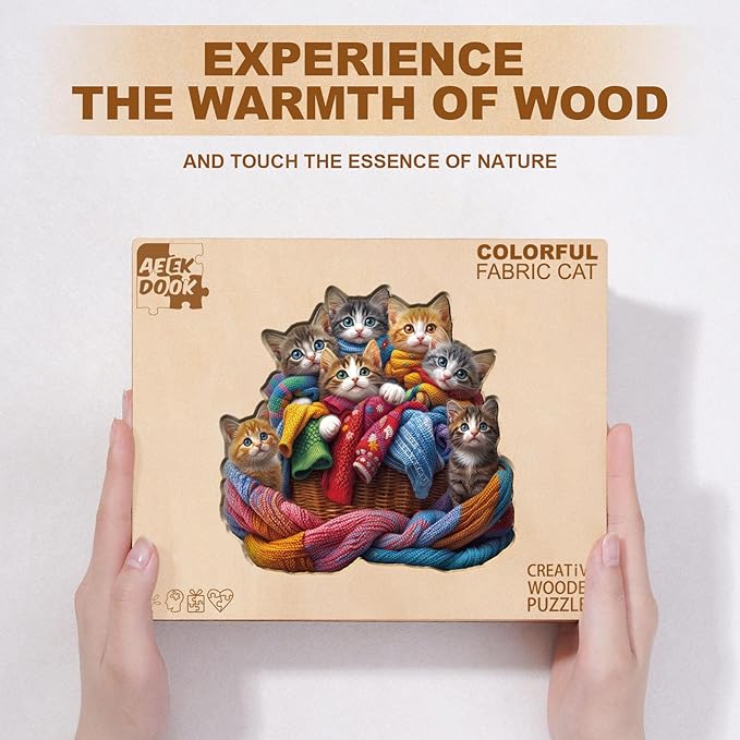 Wooden Puzzles for Adults - Colorful Fabric Cat Wooden Puzzle - Unique Shapes Wooden Jigsaw Puzzles for Adults - Eco-Friendly Home Office Decor (11.4 * 10.9in)