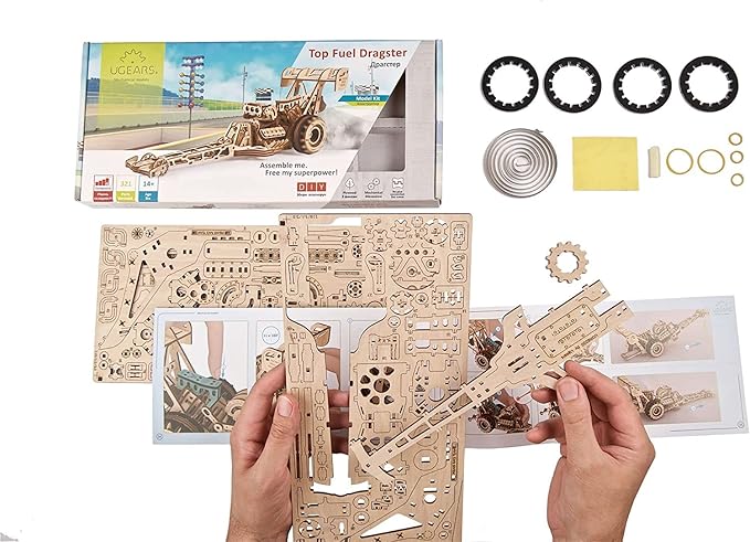 UGEARS Dragster Car Model Kit - Top Fuel Dragster Model Kits 3D Puzzle with Powerful Spring Motor - Drag Racing Model Car Kits 3D Puzzles for Self-Assembly - 3D Wooden Puzzles for Adults and Kids