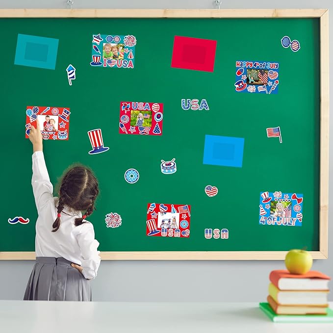 30 Packs 4th of July Picture Frame Craft Patriotic Craft for Kids with Star USA Flag Art Stickers Home Classroom Day-Care Kindergarten Game Activities Party Décor