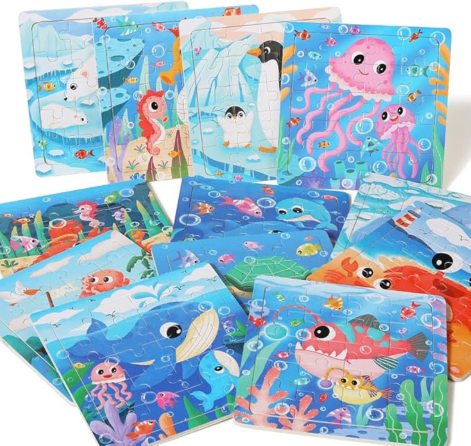 GRINNNIE Wooden Puzzle for Toddlers 3 4 5 Years Old, 12 PCS Jigsaw Ocean Animals Puzzles Preschool Learning Toys for Travel or Car, Birthday for Boys and Girls
