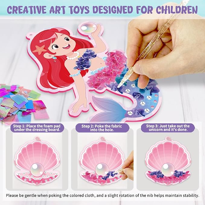 Poke in Art-Mermaid Theme, Poke in Fun Art Crafts for Kids Ages 4-8, DIY Craft Kits, Mess-Free Fabric Art and Craft, 4-6 - Mess-Free Craft - Birthday Gift Ideas for Girls Ages 4, 5, 6, 7, 8, 9